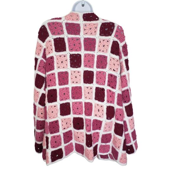 Women's Handmade Crochet Quilted Pink Tones Patchwork Mid-Length Cardigan - Picture 2 of 6